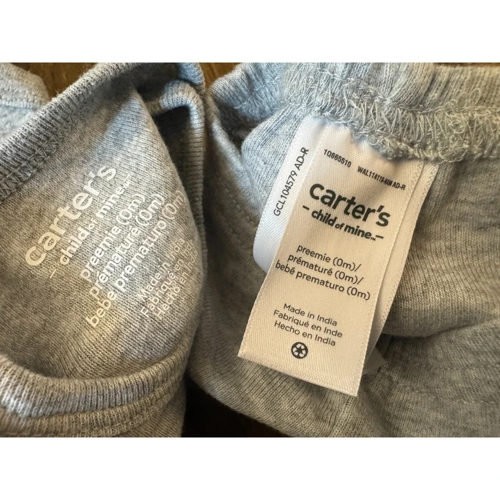 Carters Preemie Baby Boy Outfit Bodysuit Gray Pants Construction New To Crew Set
